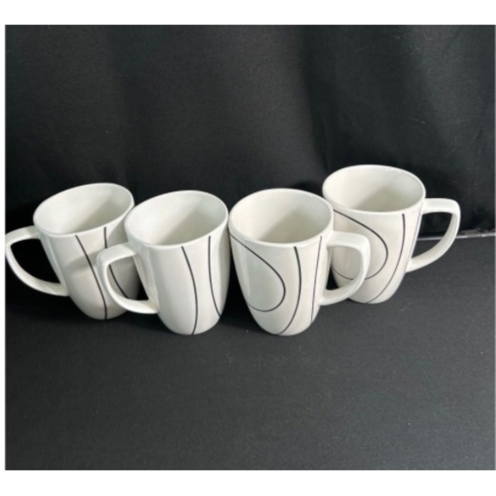 Corelle Coordinates Simple Lines Porcelain Coffee Mugs White Black Set of 4 12oz